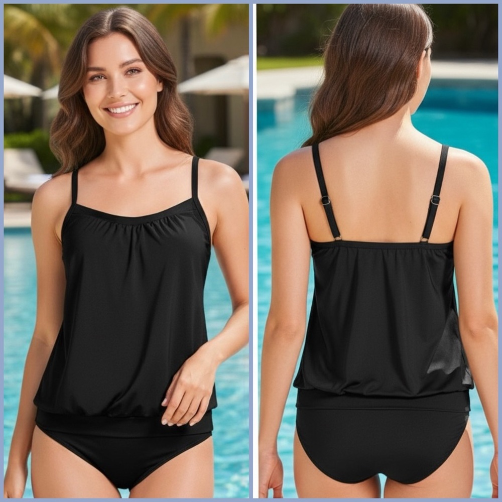 Lands end Tankini  blouson swim top BLACK